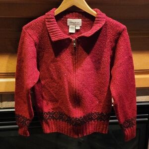 Vintage Eddie Bauer Women's Size M Red Fair Isle Nordic Zip Up Wool Sweater